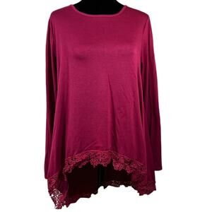 Crochet Accent Tunic Top Scoop Neck Asymmetrical Hem Long Sleeve Large Burgundy